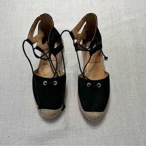Kanna Espadrille Flats, Womens Size 7.5 Black Suede Leather Lace Up Ankle Boho